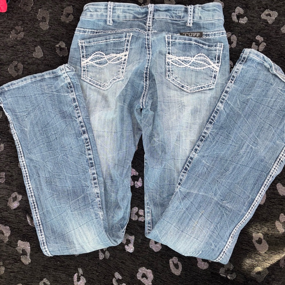 Cowgirl Tuff Blue Boot Cut Jeans with Vintage Distressed Look